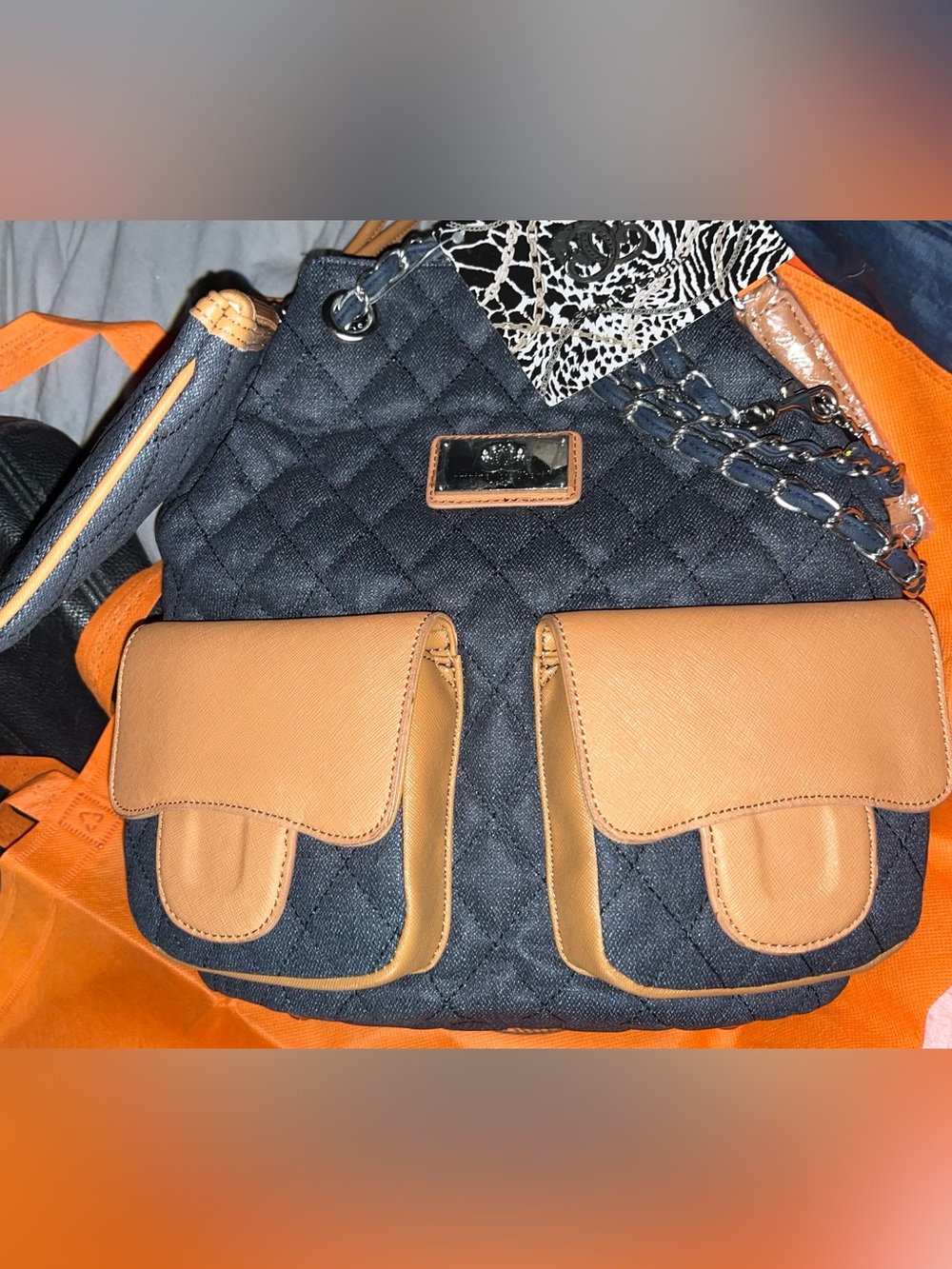 Sharif NWT Quilted Denim and Tan 3-Way Bag/Backpack